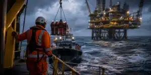 Offshore workers transferring from a crew boat to an oil platform using a personnel basket.