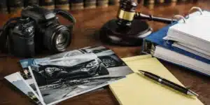 Personal injury evidence including accident photographs, medical records, police report, and insurance documents arranged on a desk.