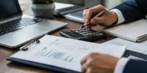 Insurance adjuster reviewing medical records, accident reports, and settlement documents while evaluating a personal injury claim