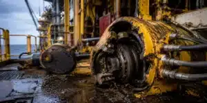 Offshore worker inspecting hydraulic pumps and industrial machinery on an offshore production platform.