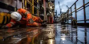 Offshore worker walking across a wet steel deck with anti-slip safety markings near industrial equipment.
