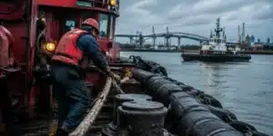 Tugboat crew handling heavy tow lines while maneuvering barges along a Louisiana waterway.